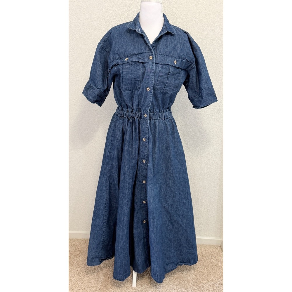 Sheplers Vintage Denim Maxi Dress Blue Cotton Western Button Front Womens 10
